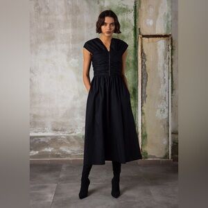 NWT ESTHÉ Anthropologie Black 2-Way Poplin Ruched Maxi Dress, Size LARGE